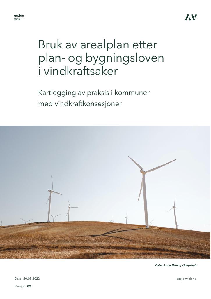 Forsiden av dokumentet Bruk av arealplan etter plan- og bygningsloven i vindkraftsaker