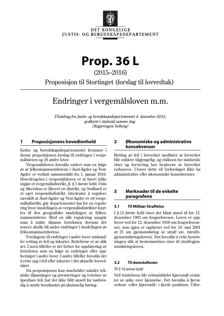 Forsiden av dokumentet Prop. 36 L (2015–2016)