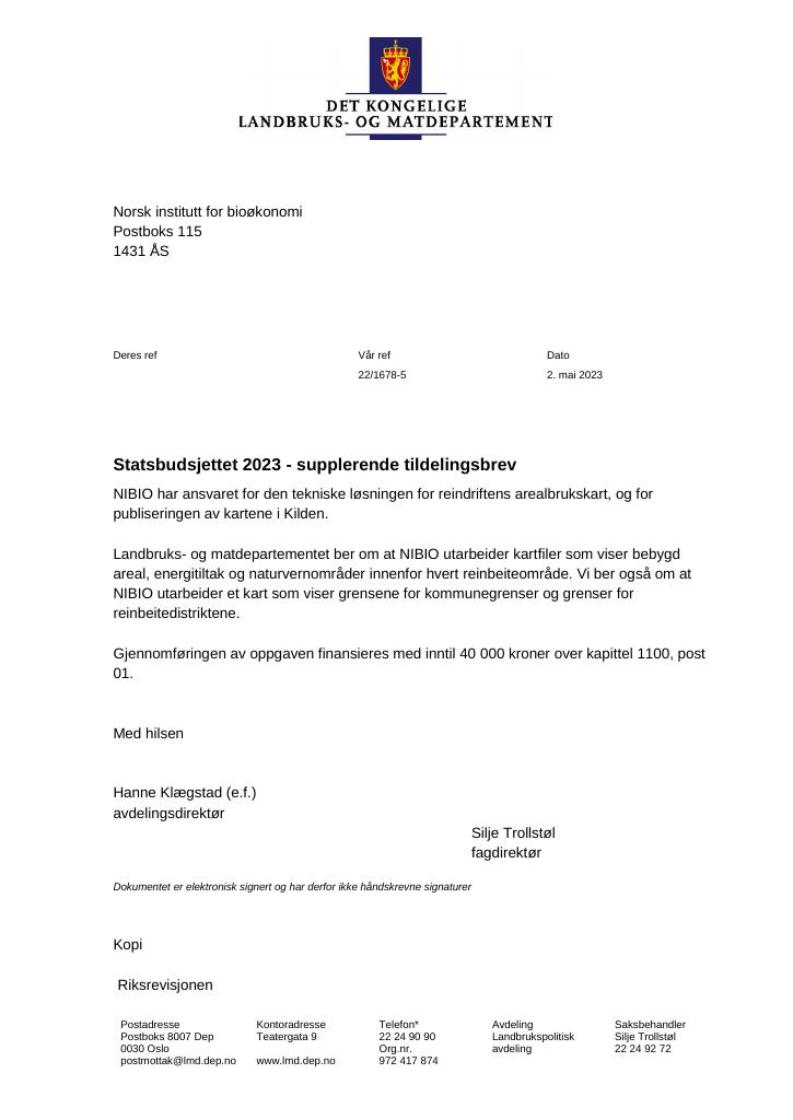 Forsiden av dokumentet Tildelingsbrev Norsk institutt for bioøkonomi - NIBIO 2023 - tillegg