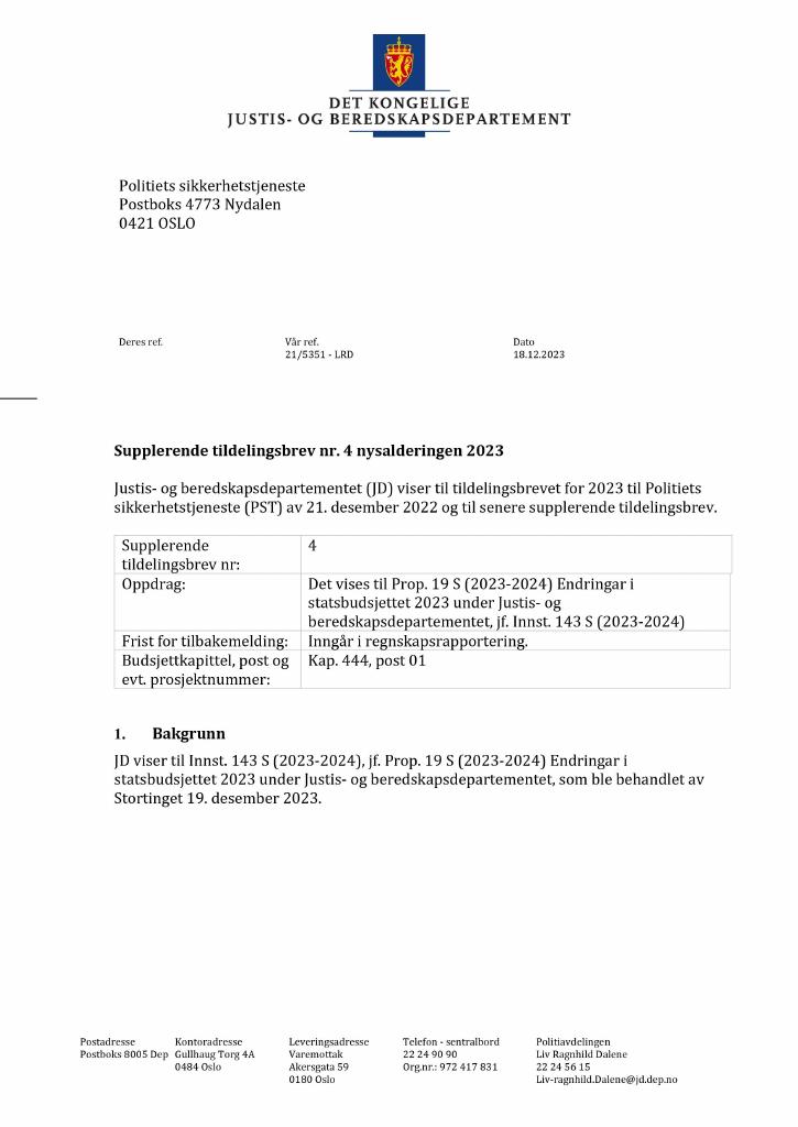 Forsiden av dokumentet Tildelingsbrev Politiets sikkerhetstjeneste 2023 - tillegg nr. 4