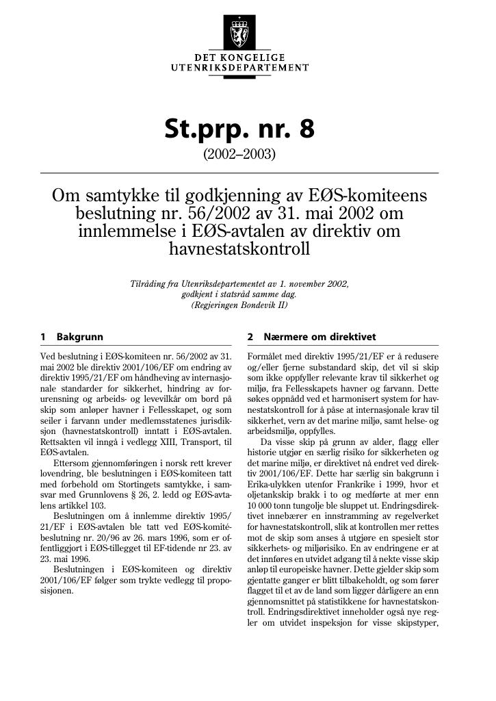 Forsiden av dokumentet St.prp. nr. 8 (2002-2003)
