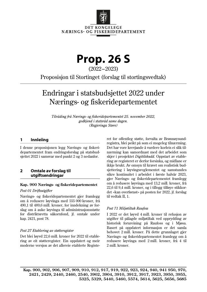 Forsiden av dokumentet Prop. 26 S (2022–2023)