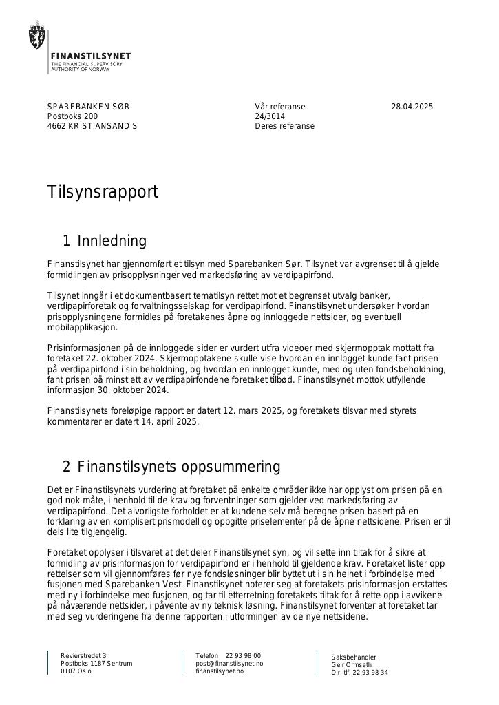 Forsiden av dokumentet Tilsynsrapport Sparebanken Sør