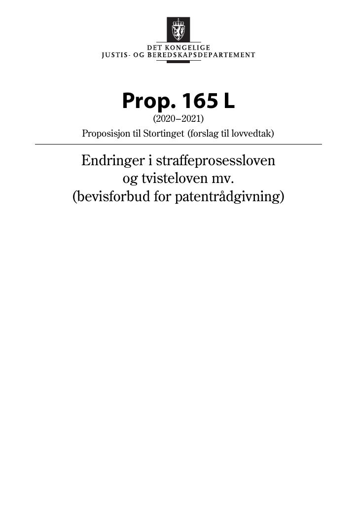 Forsiden av dokumentet Prop. 165 L (2020–2021)