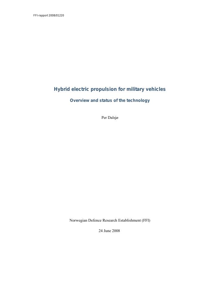 Forsiden av dokumentet Hybrid electric propulsion for military vehicles - overview and status of the technology