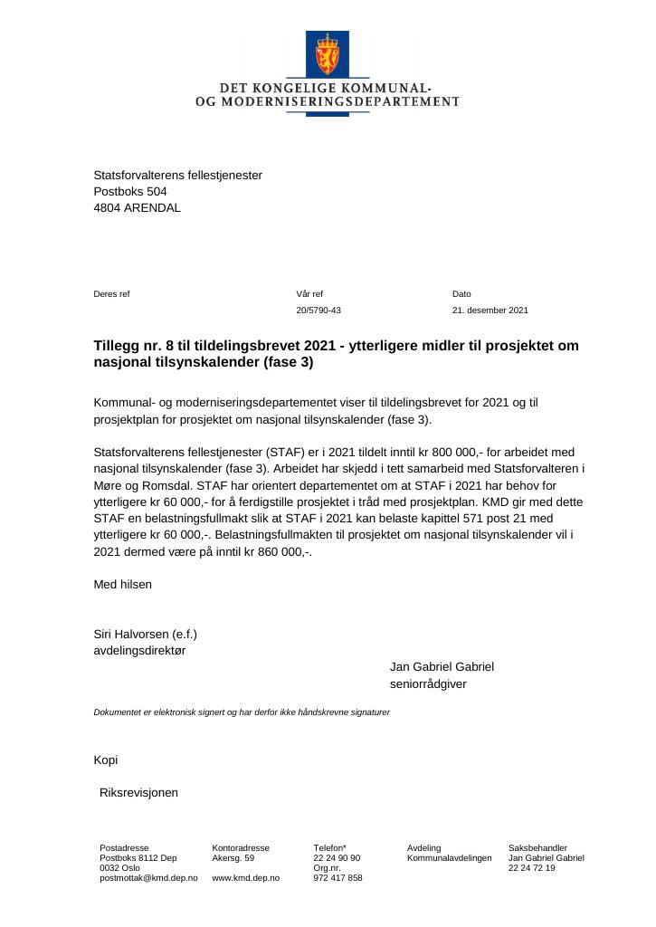 Forsiden av dokumentet Tildelingsbrevet Statforvalterens fellestjenester 2021 -tillegg nr. 8