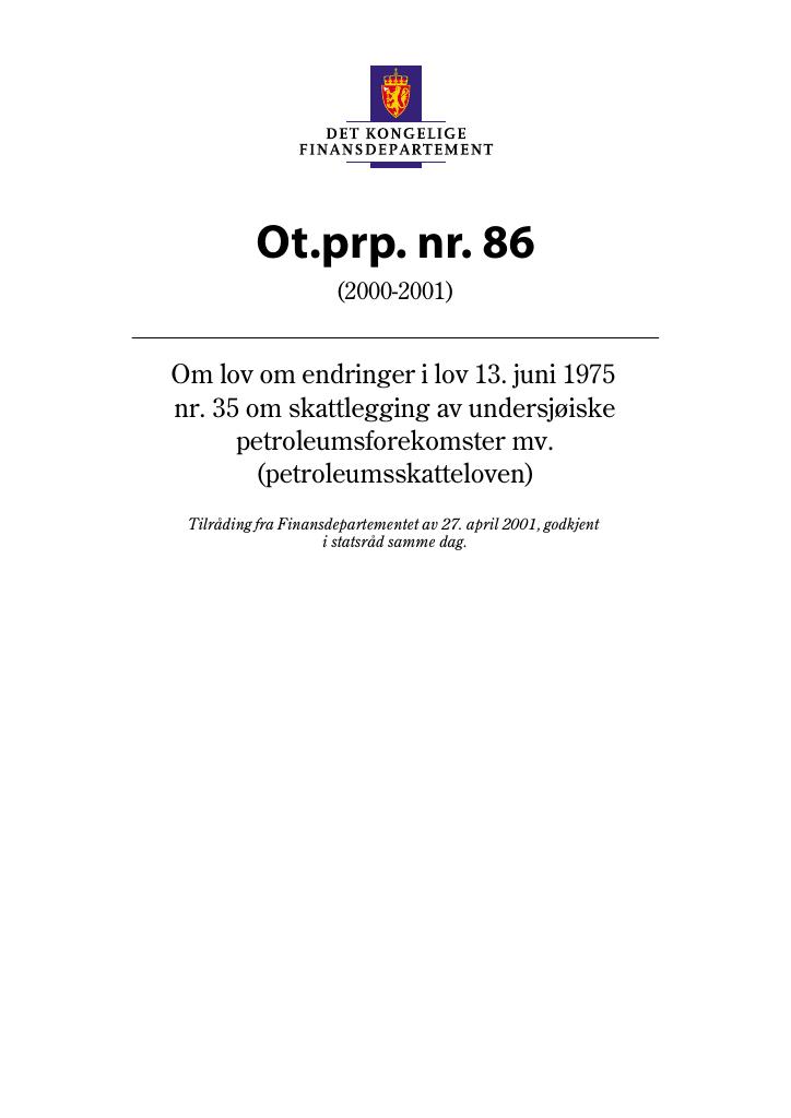 Forsiden av dokumentet Ot.prp. nr. 86 (2000-2001)