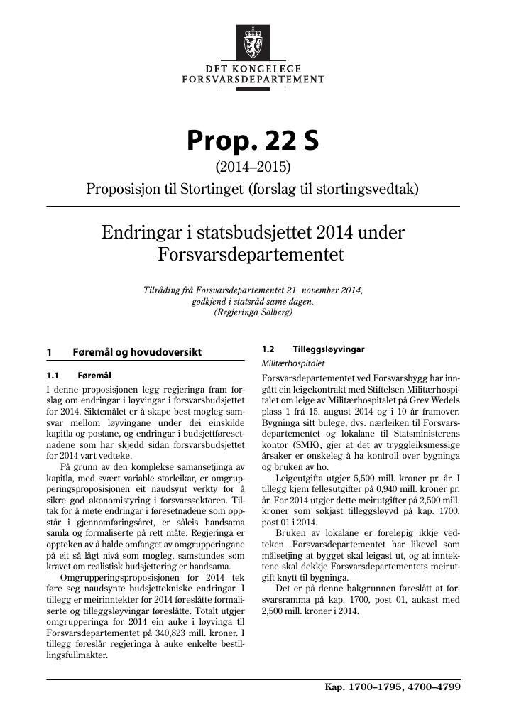 Forsiden av dokumentet Prop. 22 S (2014–2015)