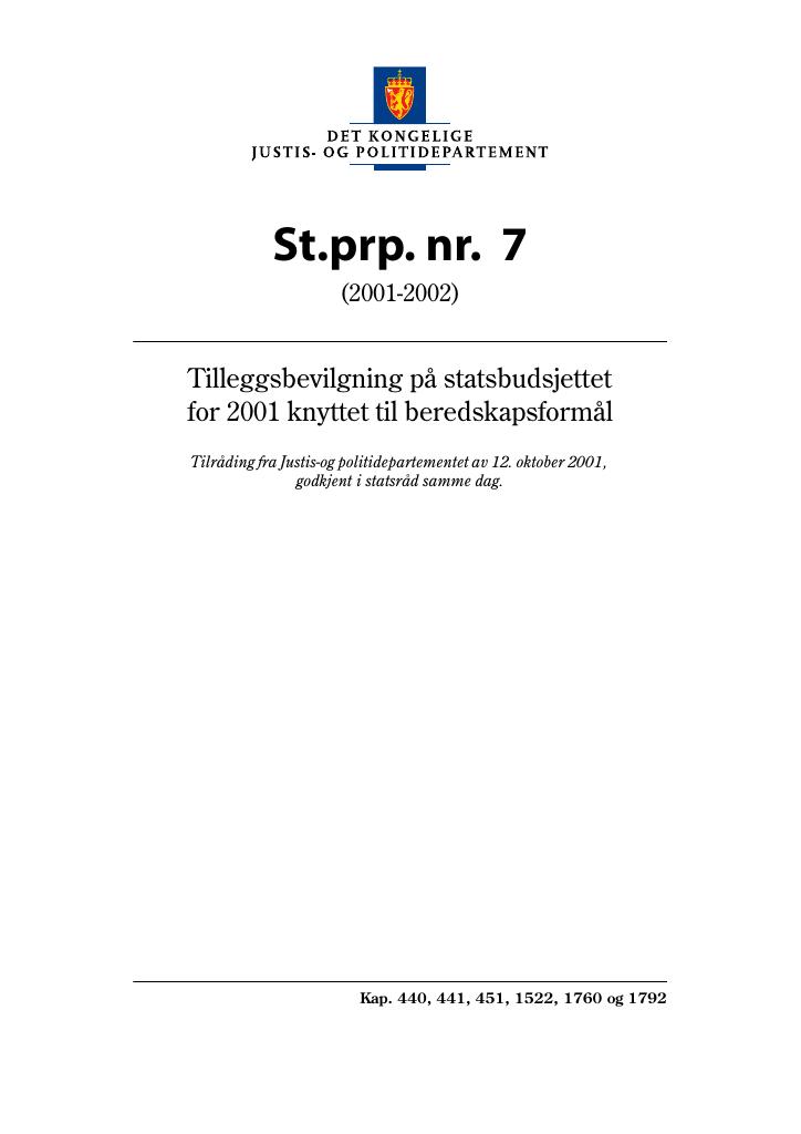 Forsiden av dokumentet St.prp. nr. 7 (2001-2002)