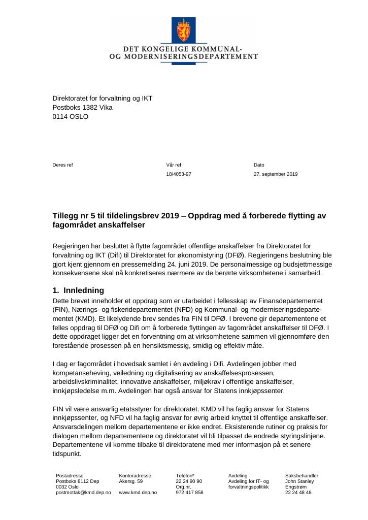 Forsiden av dokumentet Tildelingsbrev Direktoratet for forvaltning og IKT 2019 - tillegg nr. 5