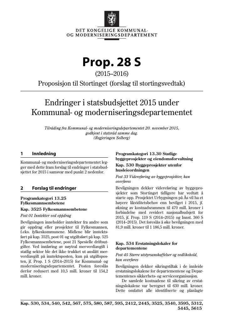 Forsiden av dokumentet Prop. 28 S (2015–2016)