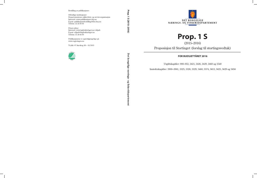 Forsiden av dokumentet Prop. 1 S (2015–2016)
