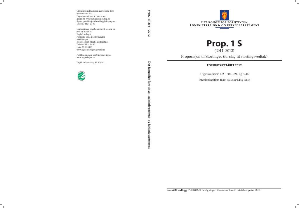 Forsiden av dokumentet Prop. 1 S (2011–2012)