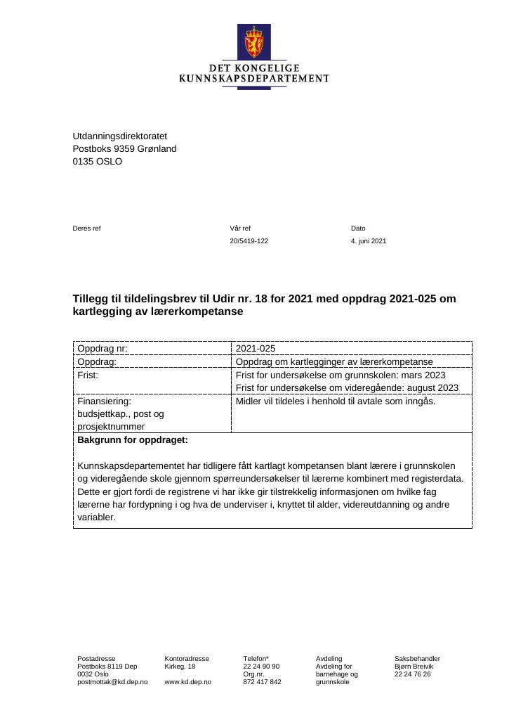 Forsiden av dokumentet Tildelingsbrev Utdanningsdirektoratet 2021 - tillegg nr. 18