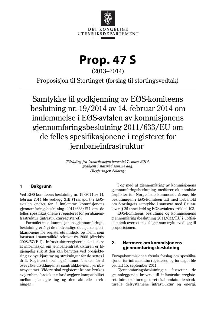 Forsiden av dokumentet Prop. 47 S (2013–2014)