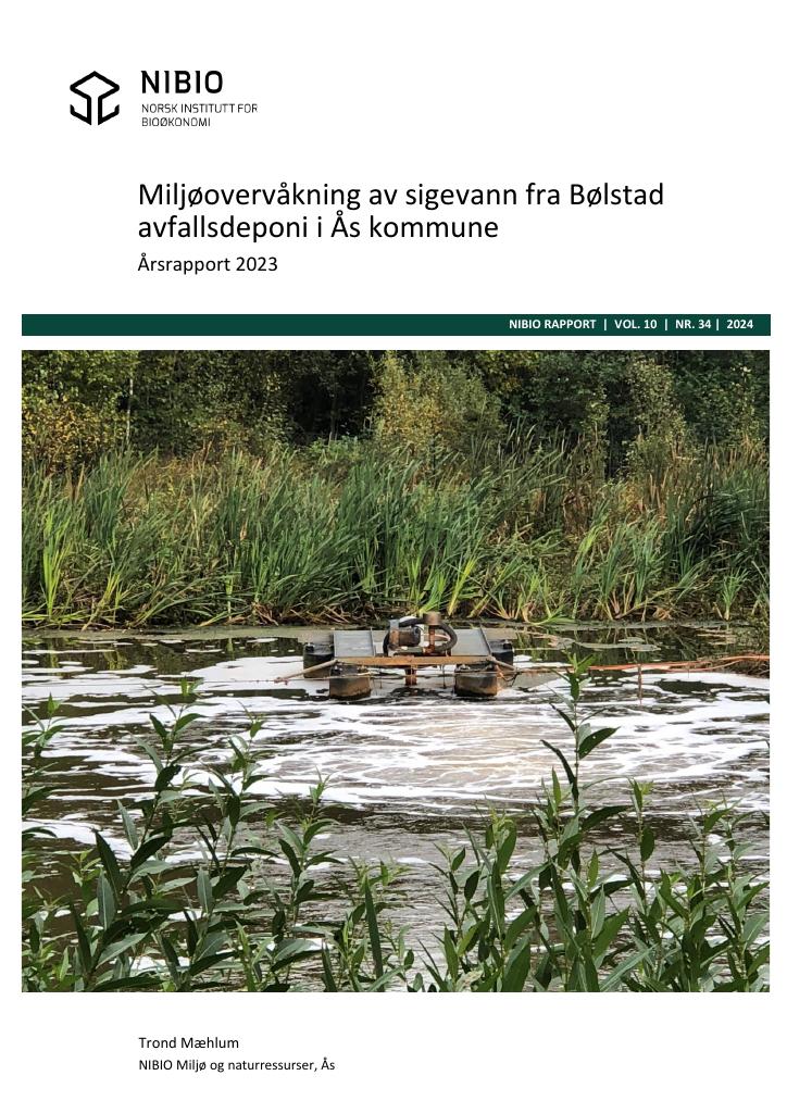 Forsiden av dokumentet Miljøovervåkning av sigevann fra Bølstad avfallsdeponi i Ås kommune. Årsrapport 2023