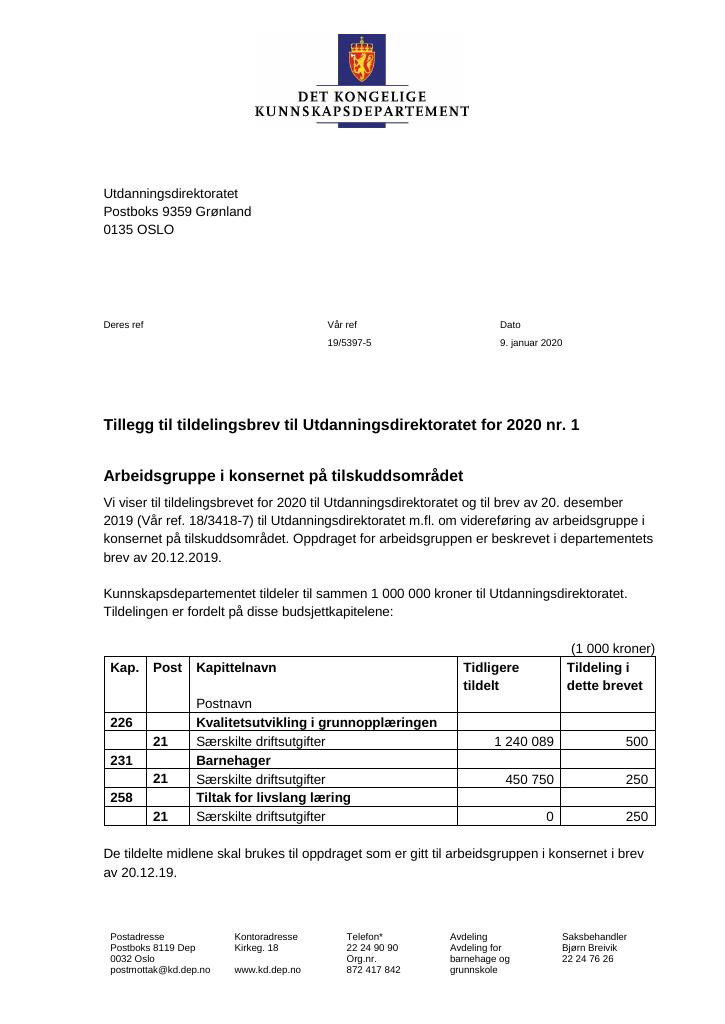 Forsiden av dokumentet Tillegg nr. 1 til tildelingsbrev 2020