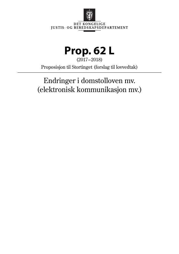 Forsiden av dokumentet Prop. 62 L (2017–2018)