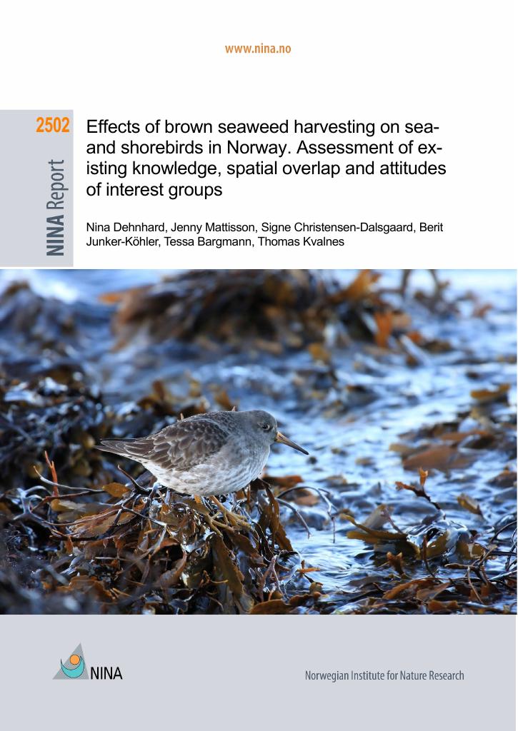 Forsiden av dokumentet Effects of brown seaweed harvesting on sea- and shorebirds in Norway. Assessment of existing knowledge, spatial overlap and attitudes of 
interest groups