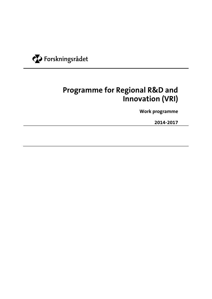 Forsiden av dokumentet Work programme - Programme for Regional R&D and Innovation - (VRI)