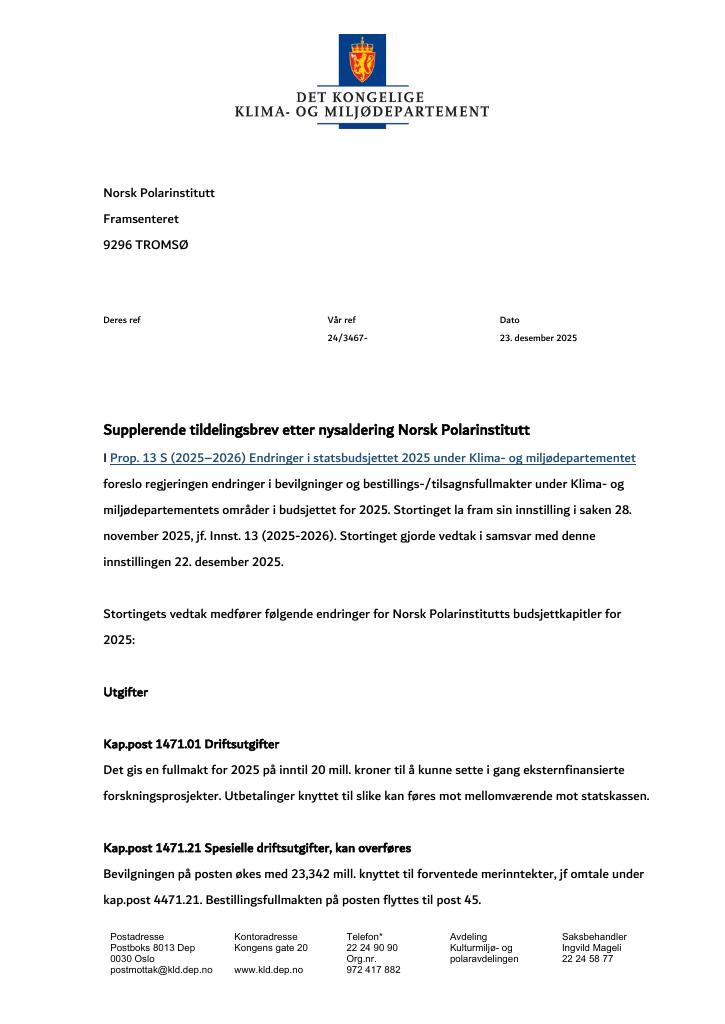 Forsiden av dokumentet Tildelingsbrev Norsk Polarinstitutt 2025 - tillegg nr. 23