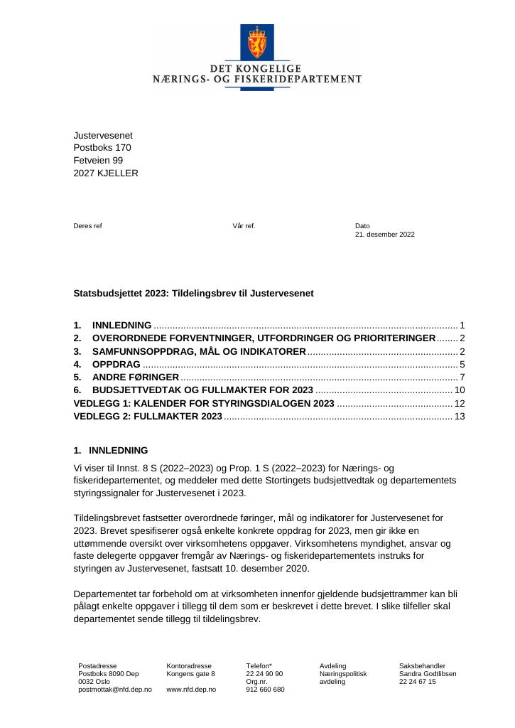 Forsiden av dokumentet Tildelingsbrev Justervesenet 2023