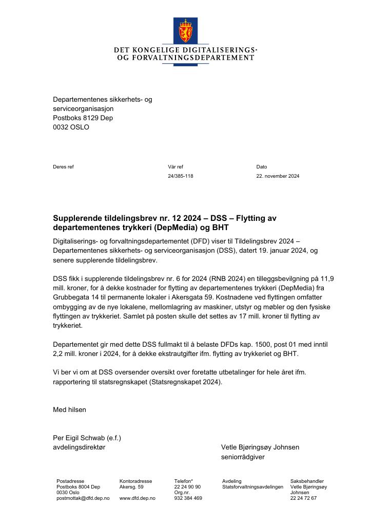 Forsiden av dokumentet Tildelingsbrev Departementenes sikkerhets- og serviceorganisasjon 2024 - tillegg nr. 12