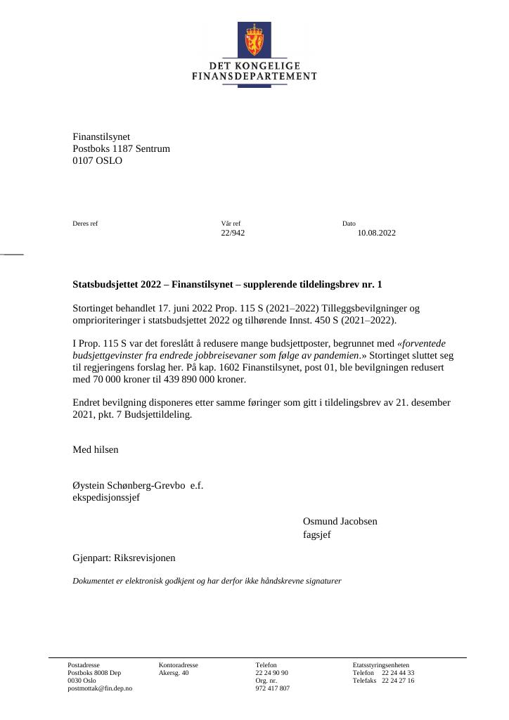 Forsiden av dokumentet Tildelingsbrev Finanstilsynet 2022 - tillegg nr. 1