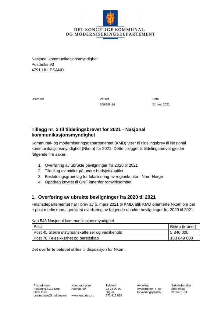 Forsiden av dokumentet Tildelingsbrev Nasjonal kommunikasjonsmyndighet 2021 - tillegg nr. 3