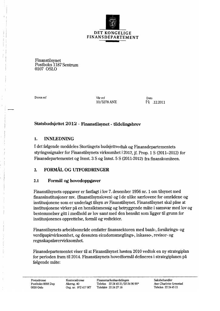 Forsiden av dokumentet Tildelingsbrev (pdf)