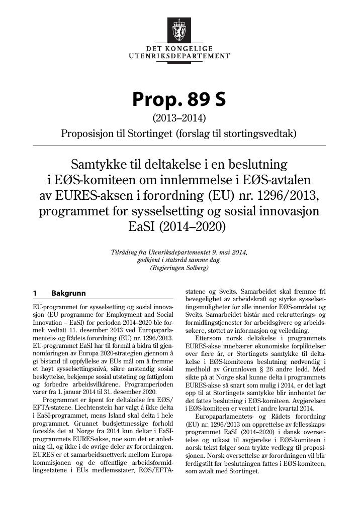 Forsiden av dokumentet Prop. 89 S (2013–2014)