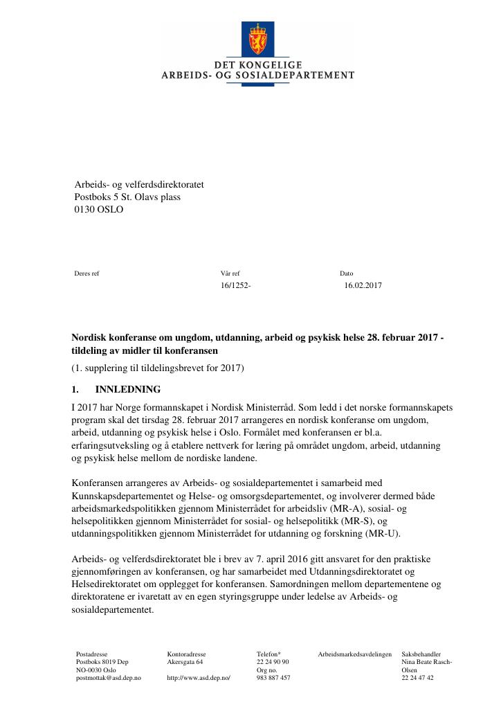 Forsiden av dokumentet Tildelingsbrev Arbeids- og velferdsdirektoratet 2017 - tillegg nr. 1