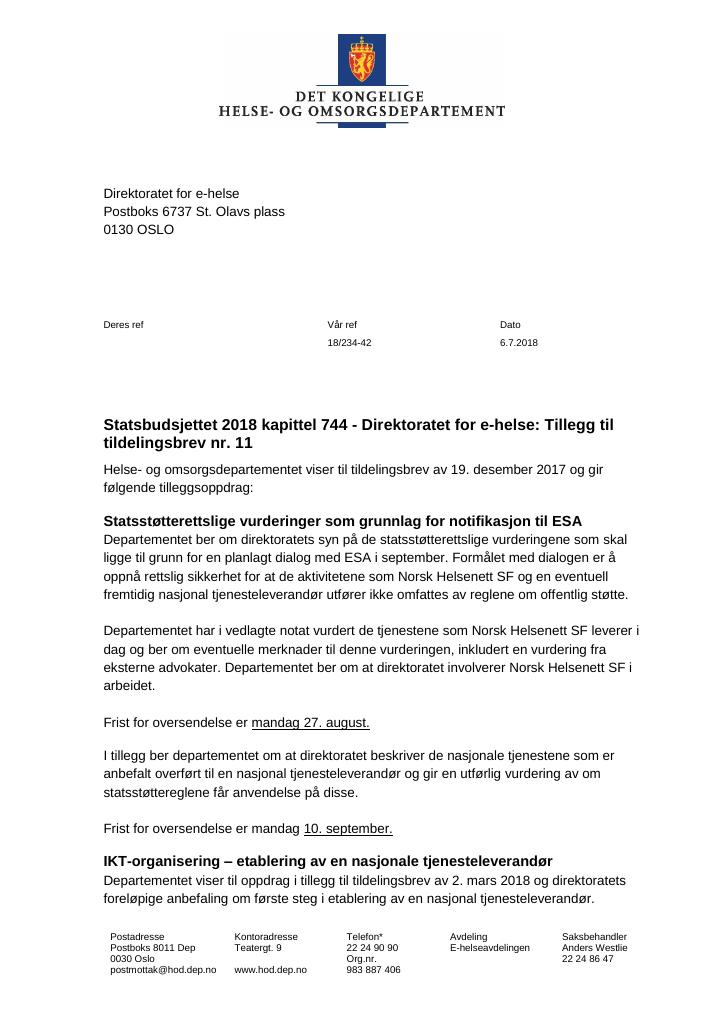 Forsiden av dokumentet Tildelingsbrev Direktoratet for e-helse 2022 - tillegg nr. 11