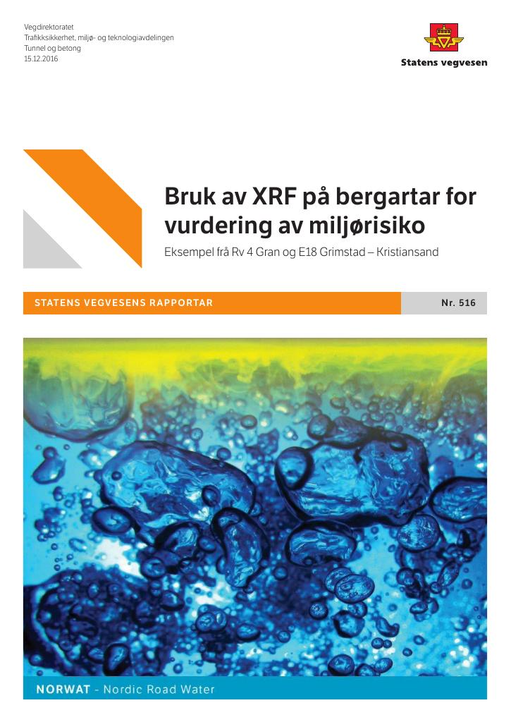 Forsiden av dokumentet Bruk av XRF på bergartar for vurdering av miljørisiko: Eksempel frå Rv 4 Gran og E18 Grimstad – Kristiansand