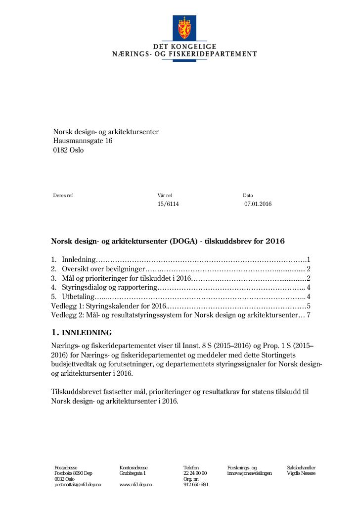 Forsiden av dokumentet Tilskuddsbrev DOGA 2016