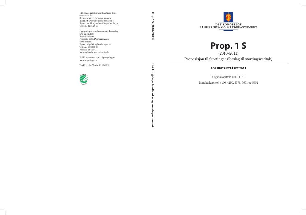 Forsiden av dokumentet Prop. 1 S (2010–2011)