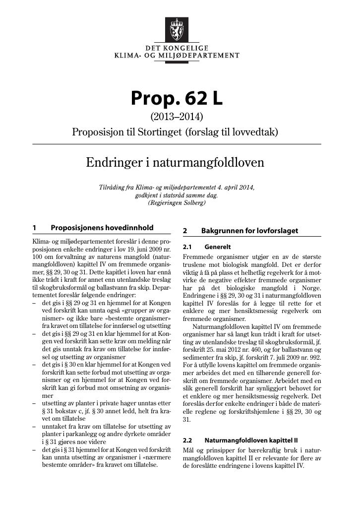 Forsiden av dokumentet Prop. 62 L (2013–2014)