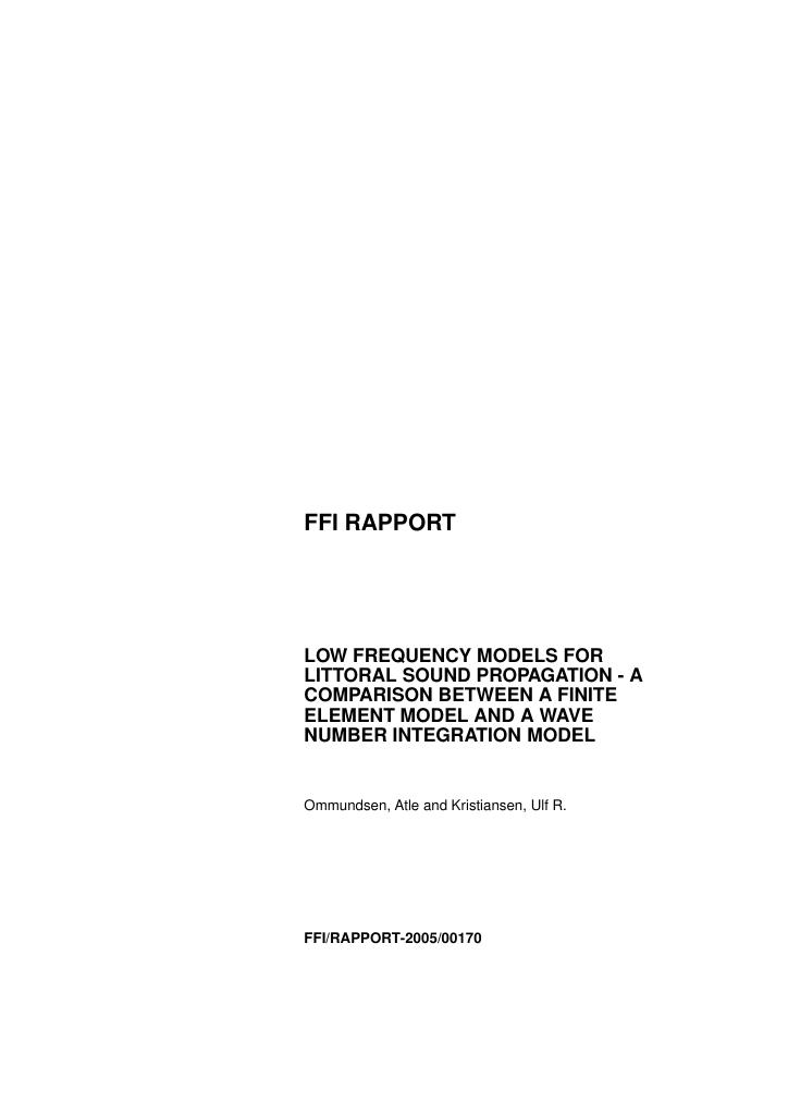 Forsiden av dokumentet Low frequency models for littoral sound propagation : a comparison between a finite element model and a wave number integration model