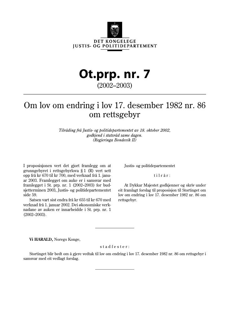 Forsiden av dokumentet Ot.prp. nr. 7 (2002-2003)