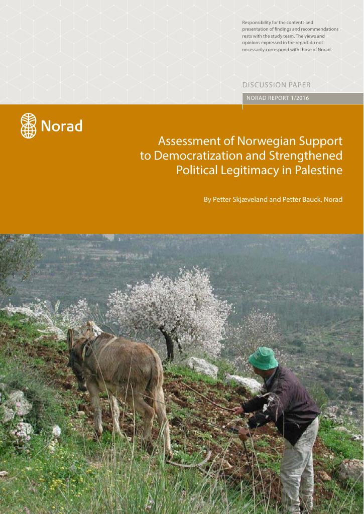 Forsiden av dokumentet Assessment of Norwegian Support to Democratization and Strengthened Political Legitimacy in Palestine