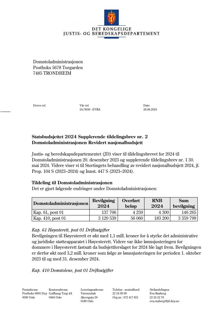 Forsiden av dokumentet Tildelingsbrev Domstoladministrasjonen 2024 - tillegg nr. 2