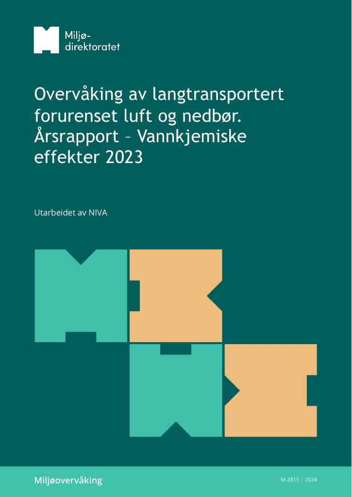 Forsiden av dokumentet Overvåking av langtransportert forurenset luft og nedbør. Årsrapport – Vannkjemiske effekter 2023