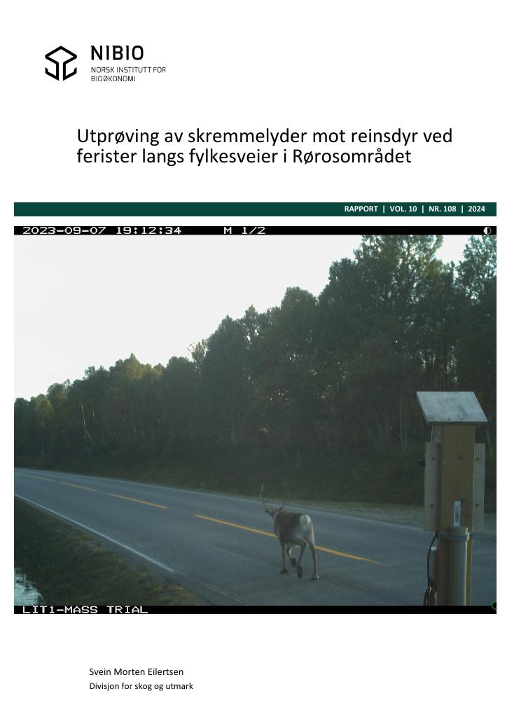 Forsiden av dokumentet Utprøving av skremmelyder mot reinsdyr ved ferister langs fylkesveier i Rørosområdet