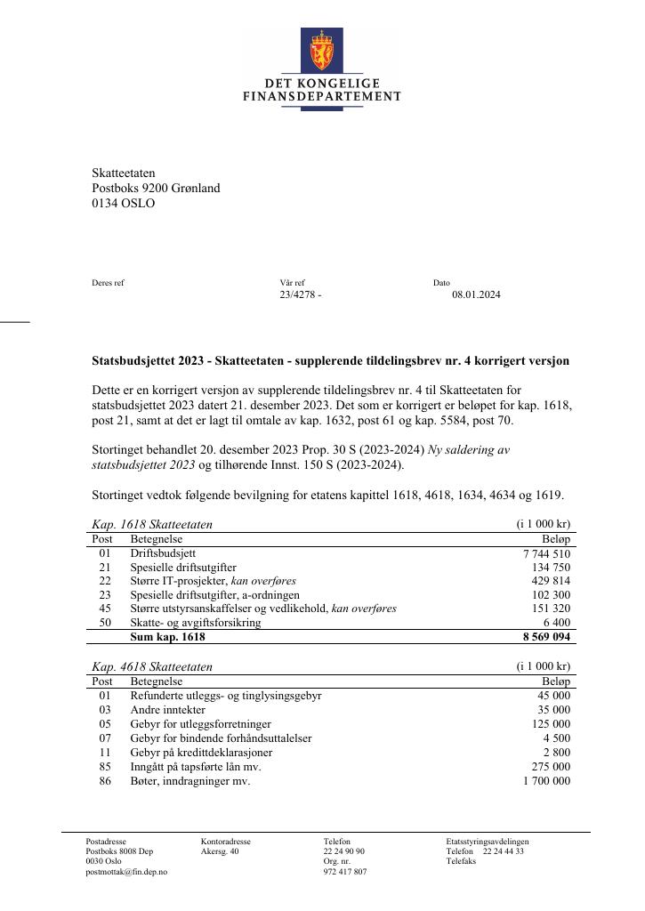 Forsiden av dokumentet Supplerende tildelingsbrev nr. 4 2023