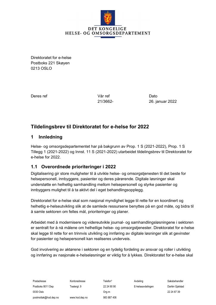 Forsiden av dokumentet Tildelingsbrev Direktoratet for e-helse 2022