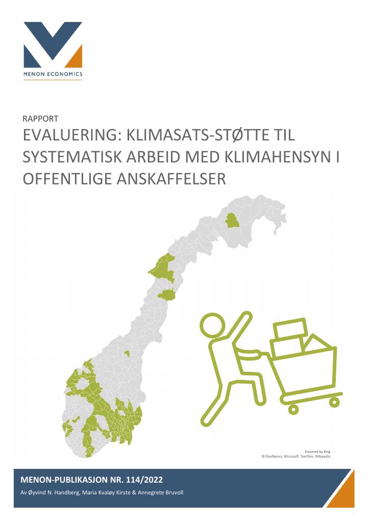 Forsiden av dokumentet Evaluering: Klimasats-støtte til systematisk arbeid med klimahensyn i offentlige anskaffelser