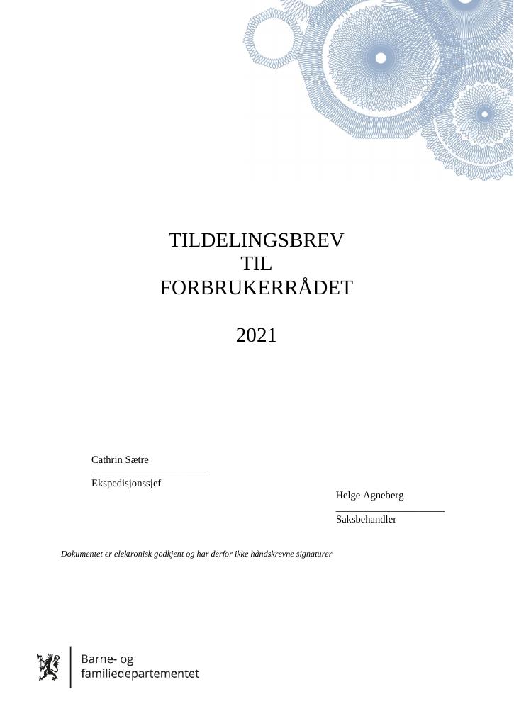 Forsiden av dokumentet Tildelingsbrev Forbrukerrådet 2021