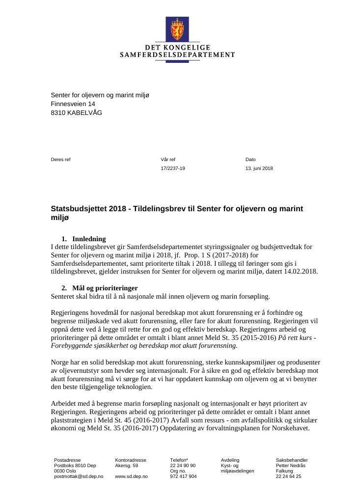 Forsiden av dokumentet Tildelingsbrev