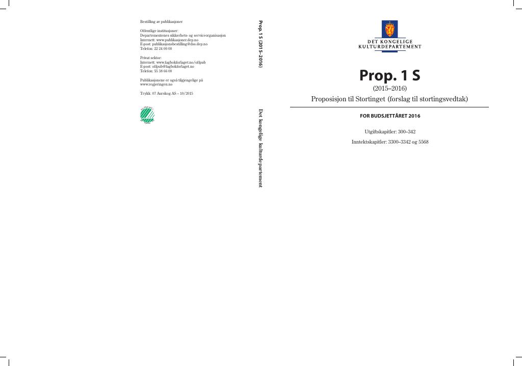 Forsiden av dokumentet Prop. 1 S (2015–2016)