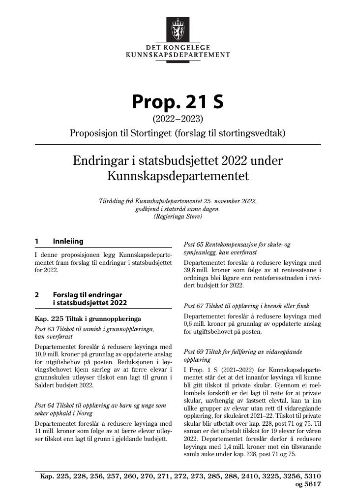 Forsiden av dokumentet Prop. 21 S (2022–2023)